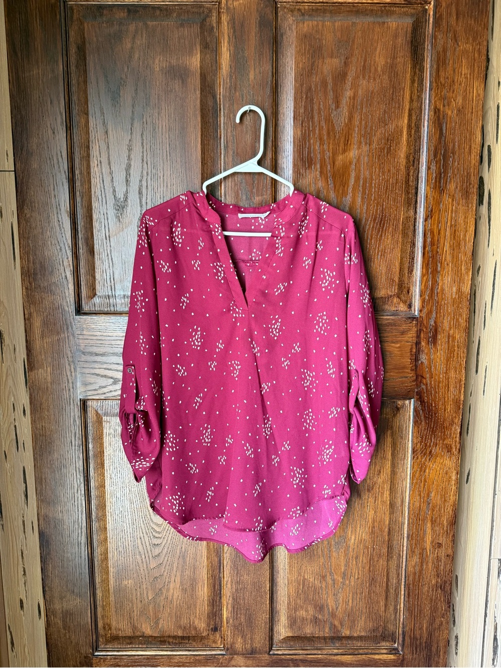 Lush Magenta Dot-Print Split V-Neck Blouse